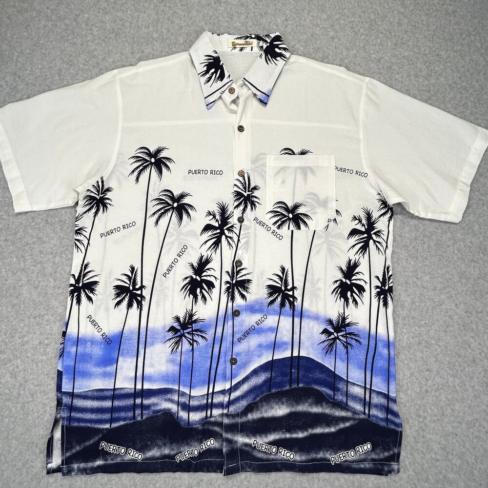 Vtg 90s Shoreline Camp Shirt Mens XL PUERTO RICO Ocean Palms Scenic Print Tropic